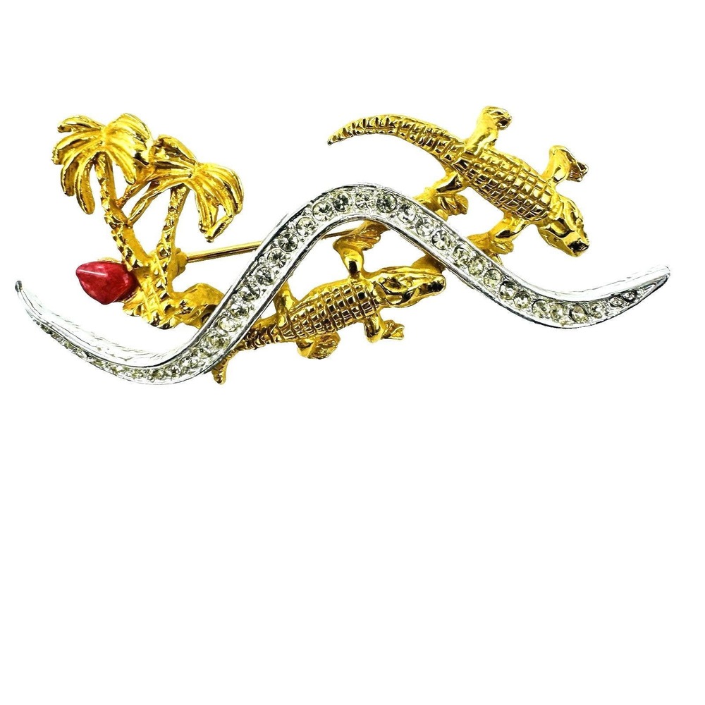 Gold Tone Alligator Palm Tree Tropical Brooch Pin Florida Style Coastal Grandma